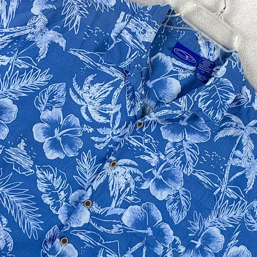 VTG OP Ocean Pacific Hawaiian Camp Shirt Mens L Blue White Floral Aloha Rayon